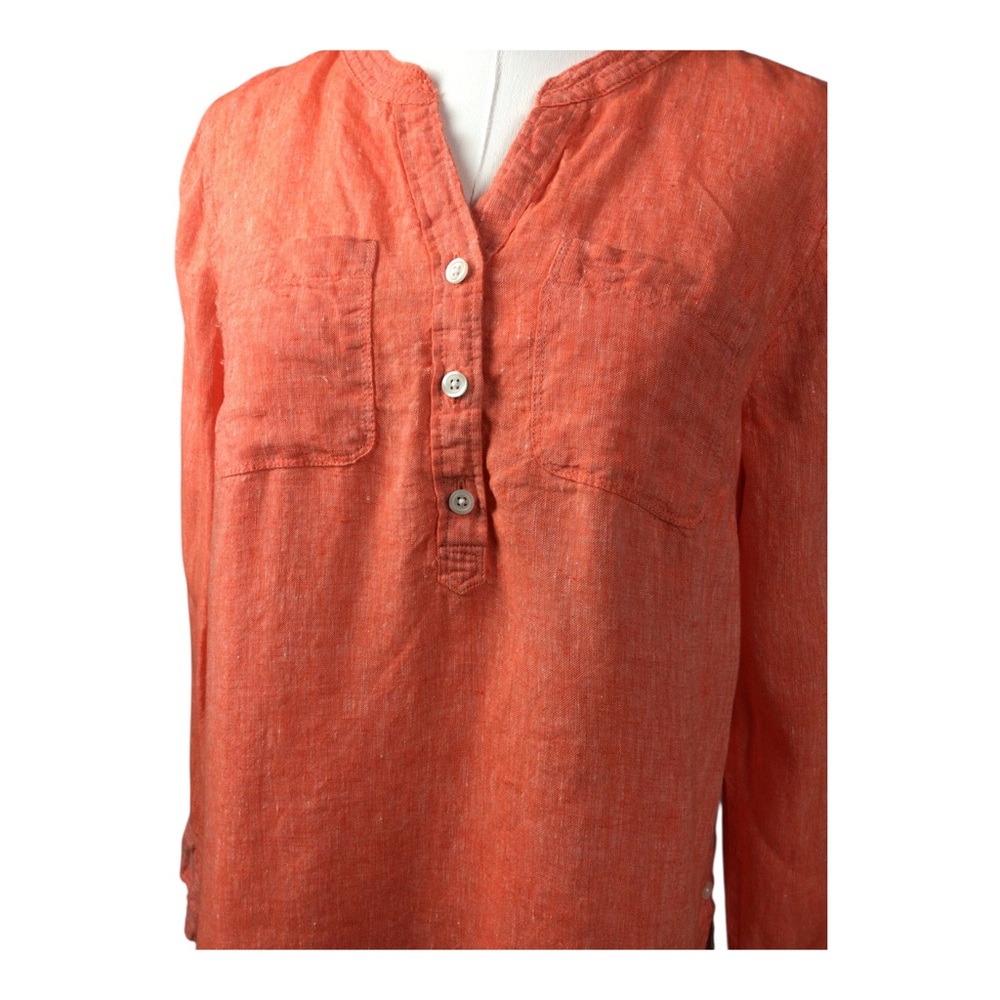 Talbots 100% Linen Tunic Blouse Orange Roll Tab Sleeve Sz MP Side Button Details - Picture 2 of 9